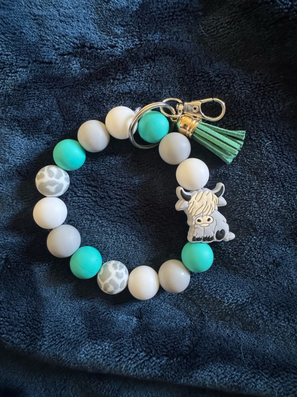Kids Teal and Gray Beaded Tassel Keyring with Highland Cow Charm. Handmade by me